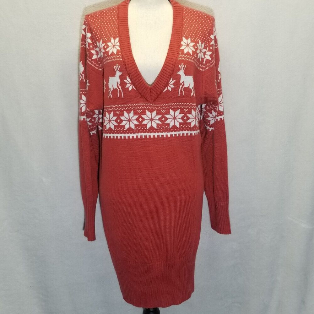 Tipsy Elves XL Sweater Dress Red Fair Isle Deep V-Neck Long Sleeve Soft Holiday